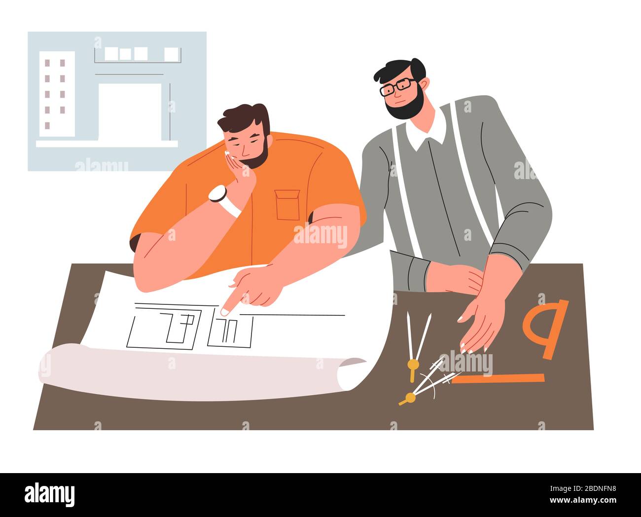 Les ingénieurs qui réfléchit aux projets et projets de construction Illustration de Vecteur