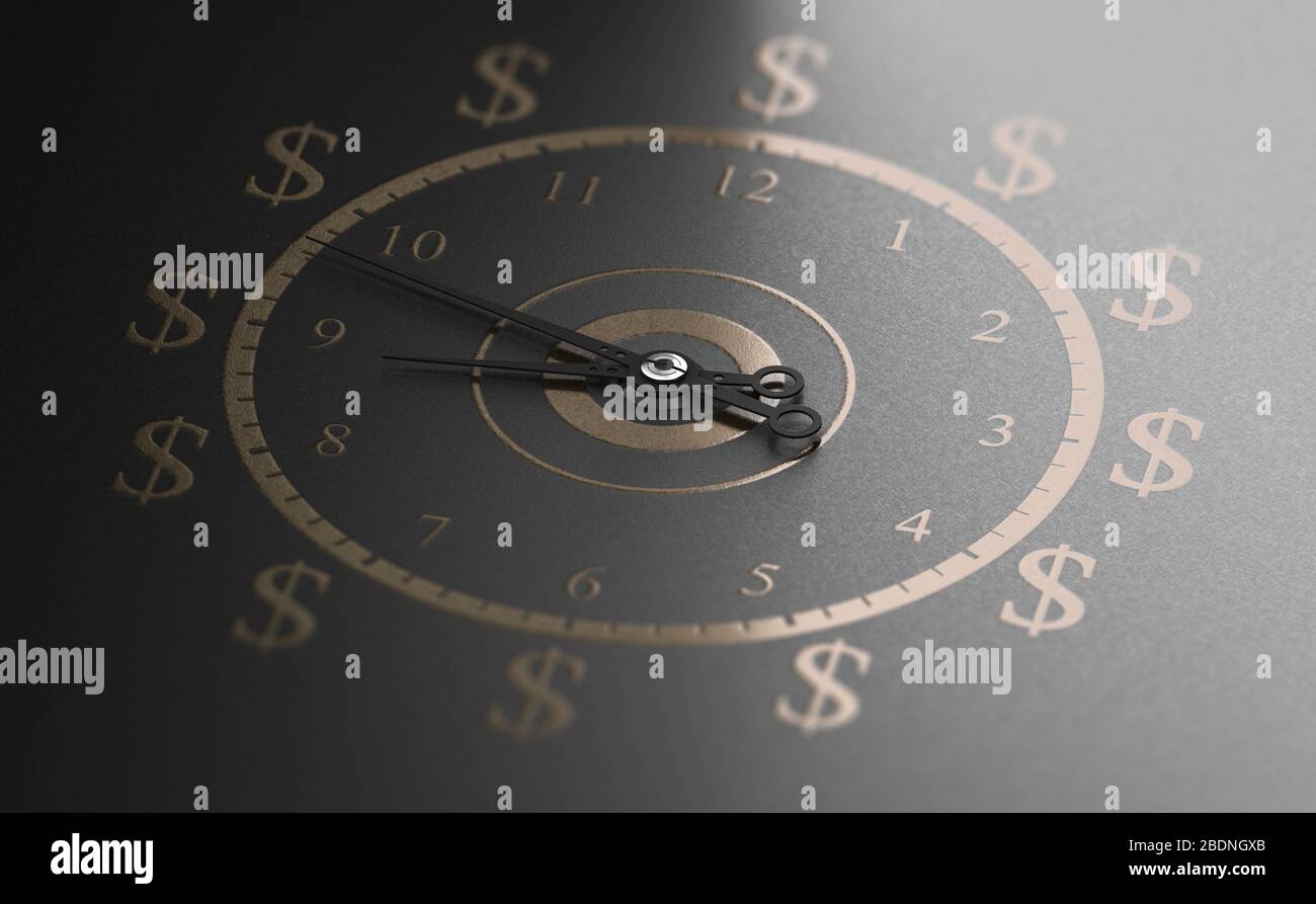 Horloge avec chiffres dorés et symboles dollar sur fond noir. Le temps est le concept de l'argent. Illustration tridimensionnelle. Banque D'Images