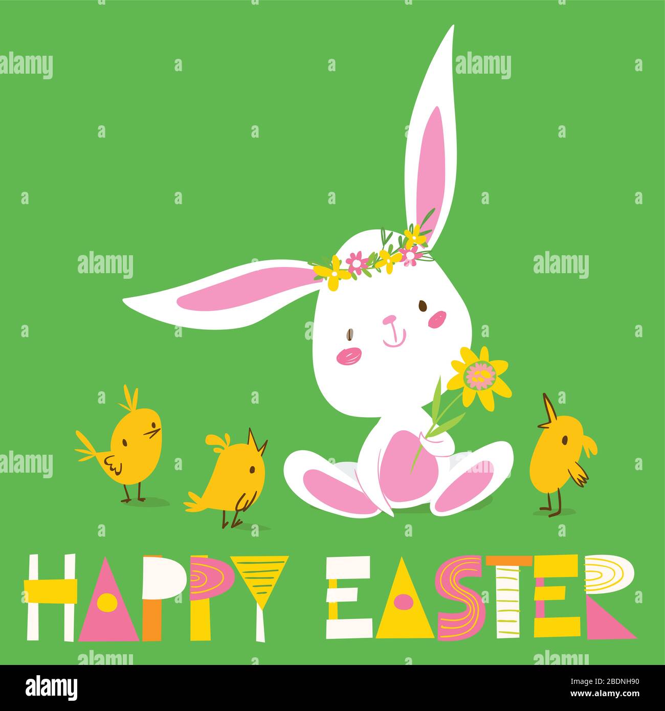 Carte de pâques printemps vecteur avec lapin et poussins Illustration de Vecteur