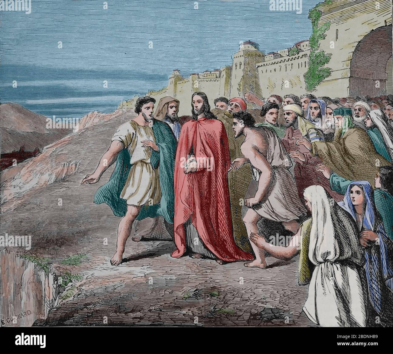 Nouveau Testament. Ils ont pris Jésus jusqu'à la colline qui avait l'intention de le jeter sur la falaise. Gravure, XIXe siècle. Banque D'Images