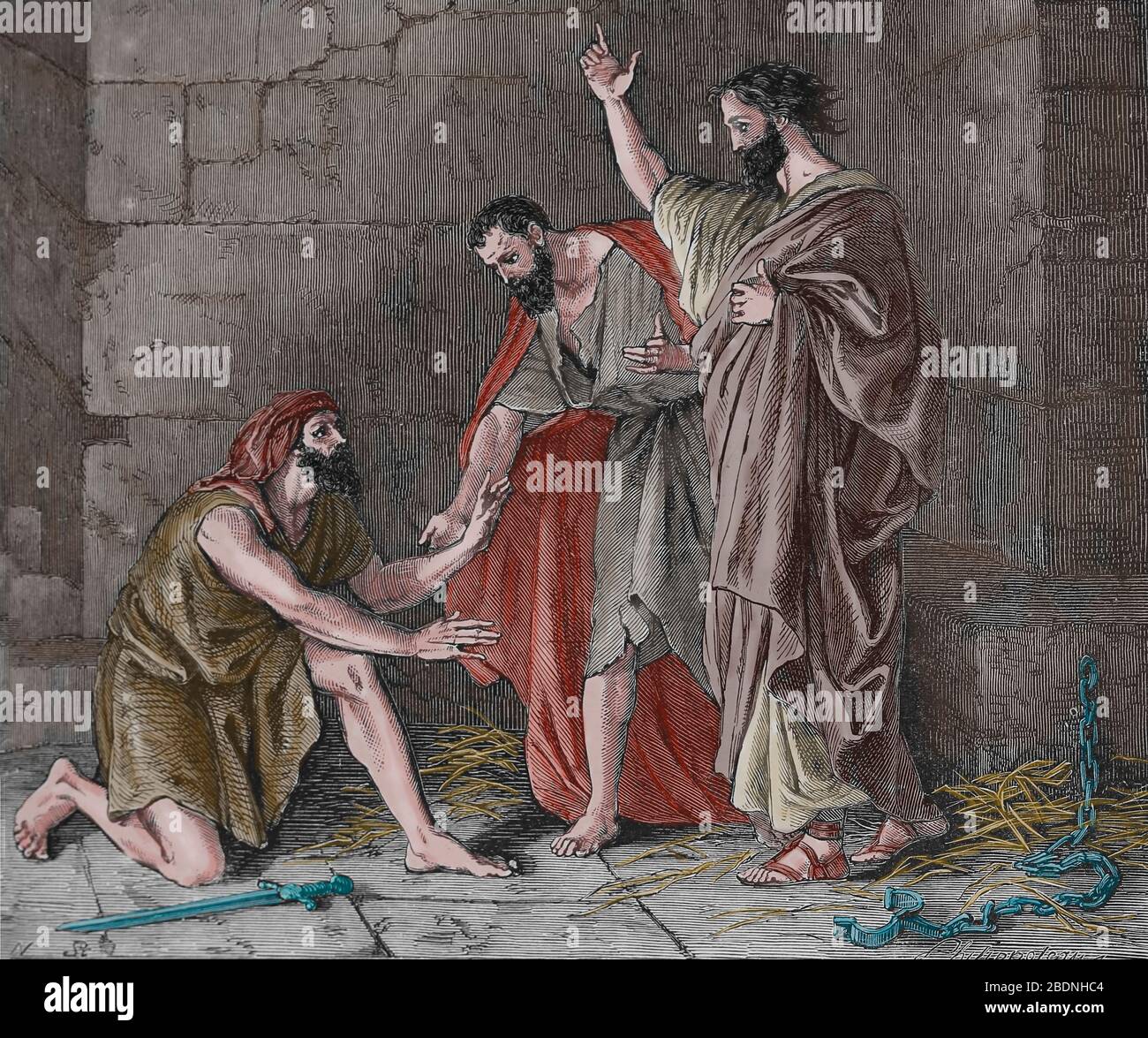 Le séisme, a brisé les chaînes de Paul et de Silas et a ouvert les portes de la prison, a transformé même la garde de prison. Actes. Gravure, XIXe siècle. Banque D'Images