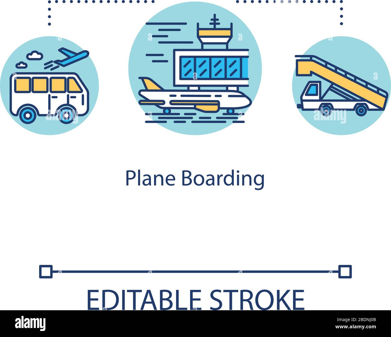 Icône de concept d'embarquement d'avion. Transport aérien, aéroport arrivée idée fine ligne illustration. Voiture, avion et escalier d'embarquement vecteur isolé Illustration de Vecteur