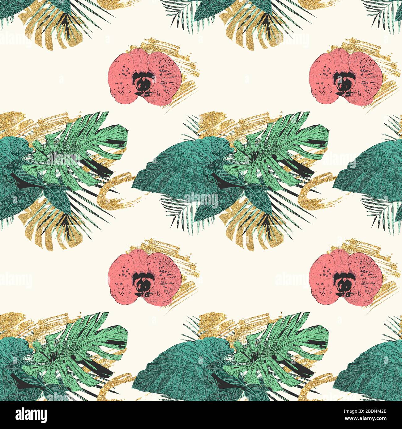 Motif sans coutures avec feuilles de palmiers tropicales, orchidées et paillettes dorées, vintage, fond grunge. Banque D'Images