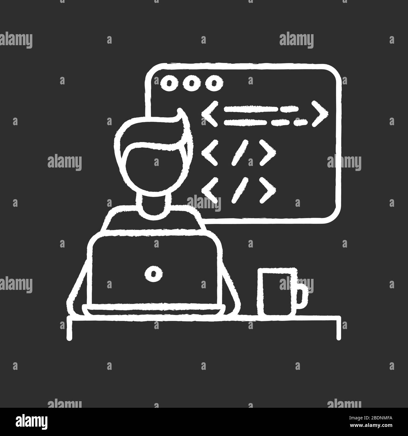 Icône blanche craie de développeur Web sur fond noir. Développement de logiciels informatiques, conception d'applications PC, test de plate-forme. Programmation, codage, conception d'interface utilisateur Illustration de Vecteur