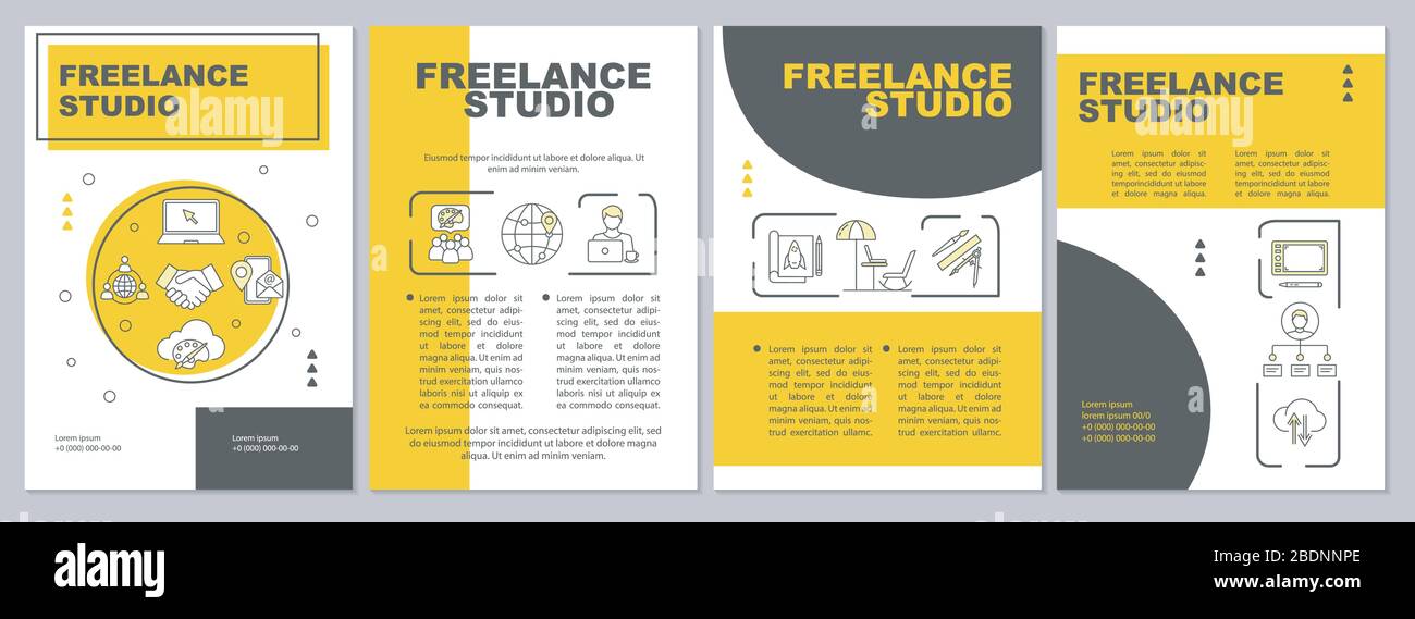 Modèle de brochure Studio Freelance. Travailler sans fil depuis un ordinateur portable. Brochure, livret, impression de brochure, couverture avec icônes linéaires. Mises en page vectorielles pour Illustration de Vecteur