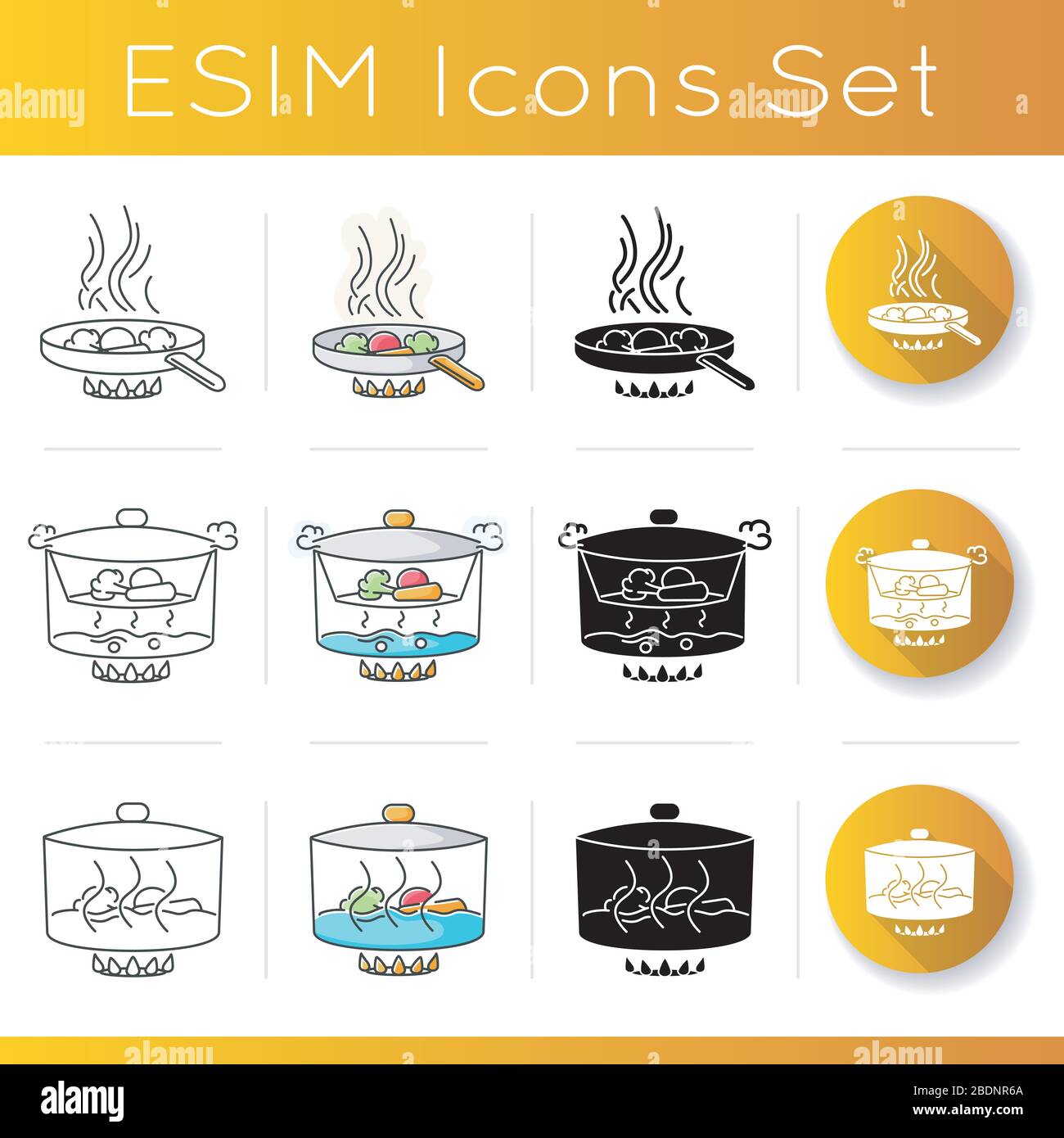 Icônes du processus de cuisson définies. Styles de couleur linéaire, noir et RVB. Différentes méthodes de préparation des aliments, diverses techniques culinaires. Friture, cuisson à la vapeur et Illustration de Vecteur