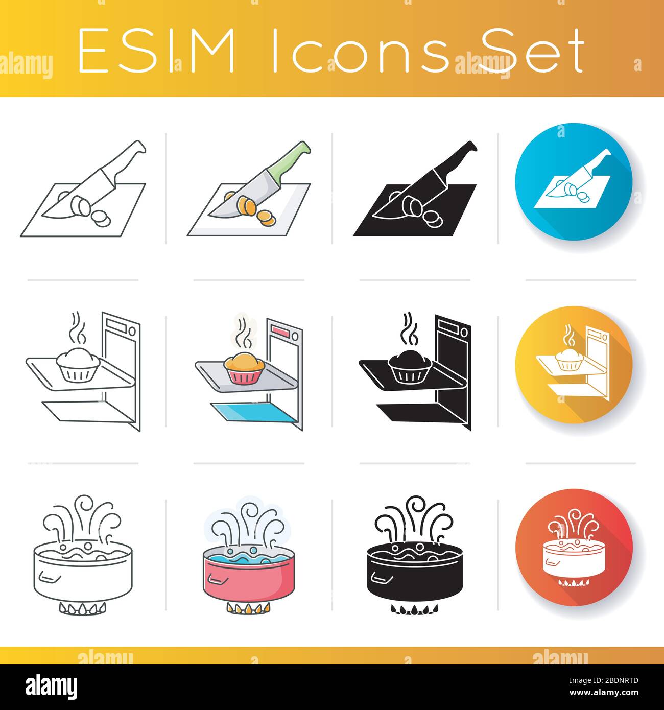 Symboles des méthodes culinaires définis. Styles de couleur linéaire, noir et RVB. Préparation des aliments, techniques de cuisson. Couper les ingrédients, faire cuire la pâte à pâtisserie et faire bouillir Illustration de Vecteur