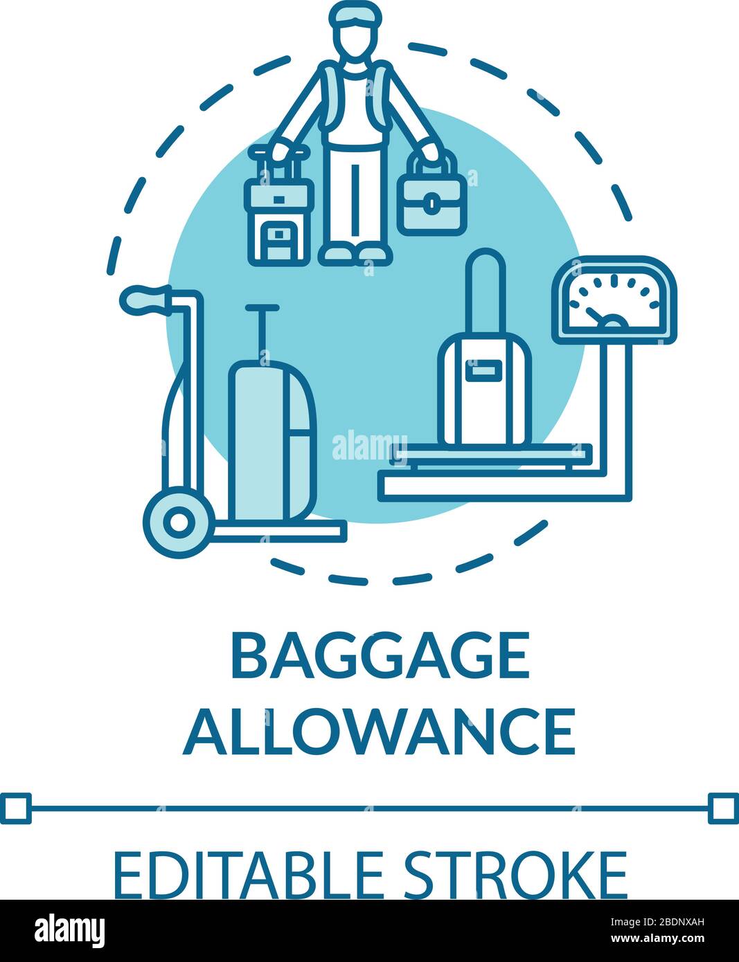 Icône de concept de franchise bagages. Illustration en ligne fine de l'idée de contrôle des bagages à main et à main. Taille et poids maximum des sacs. Contour isolé vectoriel Illustration de Vecteur