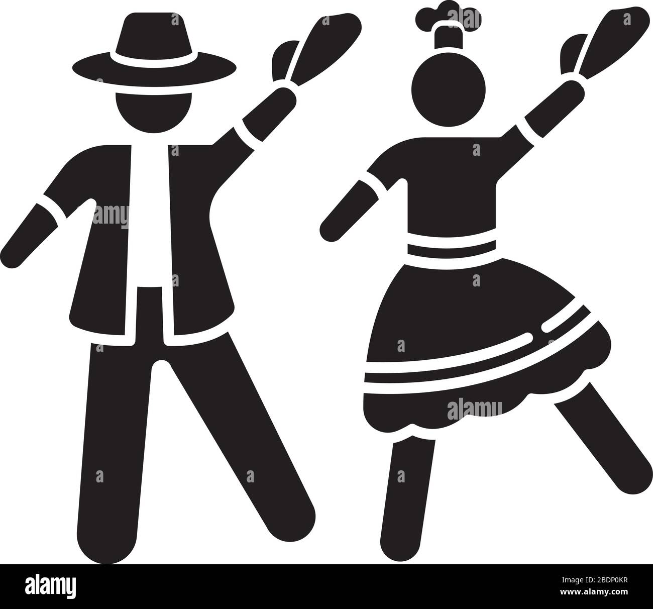 Icône glyphe noir Marinera. Danse romantique traditionnelle péruvienne couple. Danseurs d'homme et de femme. Festival national de chorégraphie du Pérou. Symbole silhouette Illustration de Vecteur