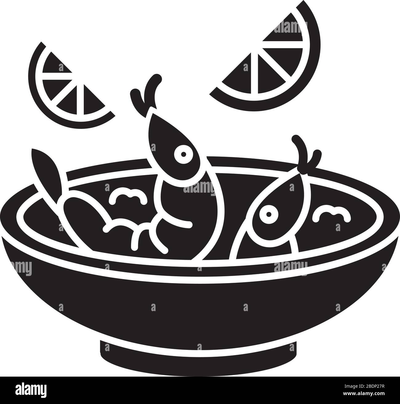 Icône de glyphe noir ceviche. Plat national péruvien. Plat principal de cuisine latino-américaine. Soupe de crevettes et de citron. Fruits de mer. Repas asiatique. Symbole silhouette activé Illustration de Vecteur