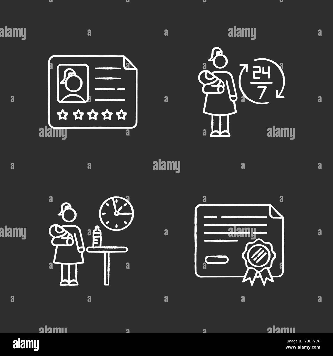 Service de baby-sitter craie icônes blanches définies sur fond noir. Référence professionnelle pour l'employé. Garde d'enfants à temps plein. Garde d'enfants à temps partiel Illustration de Vecteur
