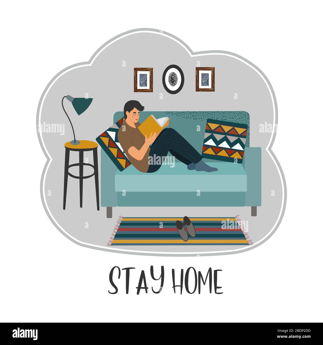 Restez à la maison. Un jeune homme assis sur un canapé et lisant un livre dans un appartement. Illustration vectorielle plate. Illustration de Vecteur
