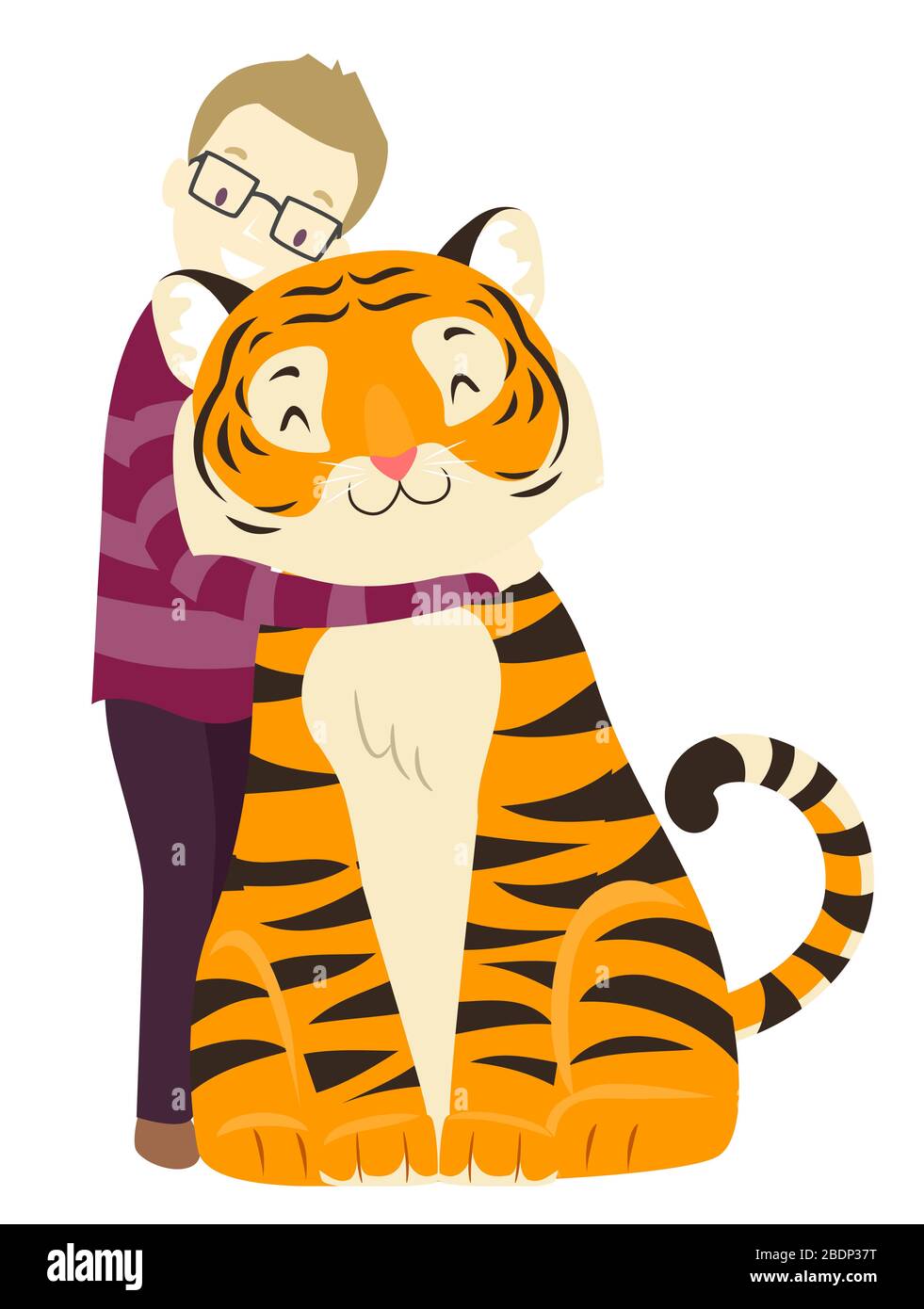 Illustration d'un homme embrassant un grand tigre assis vers le bas Banque D'Images