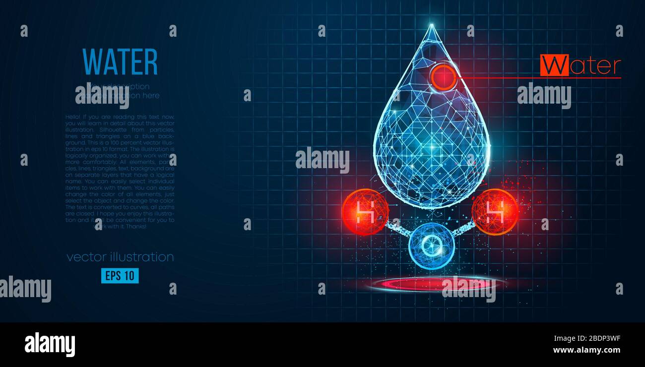 Silhouette abstraite de l'eau polygonale sur fond bleu. Structure chimique de l'eau. Formule H2O. Illustration de Vecteur