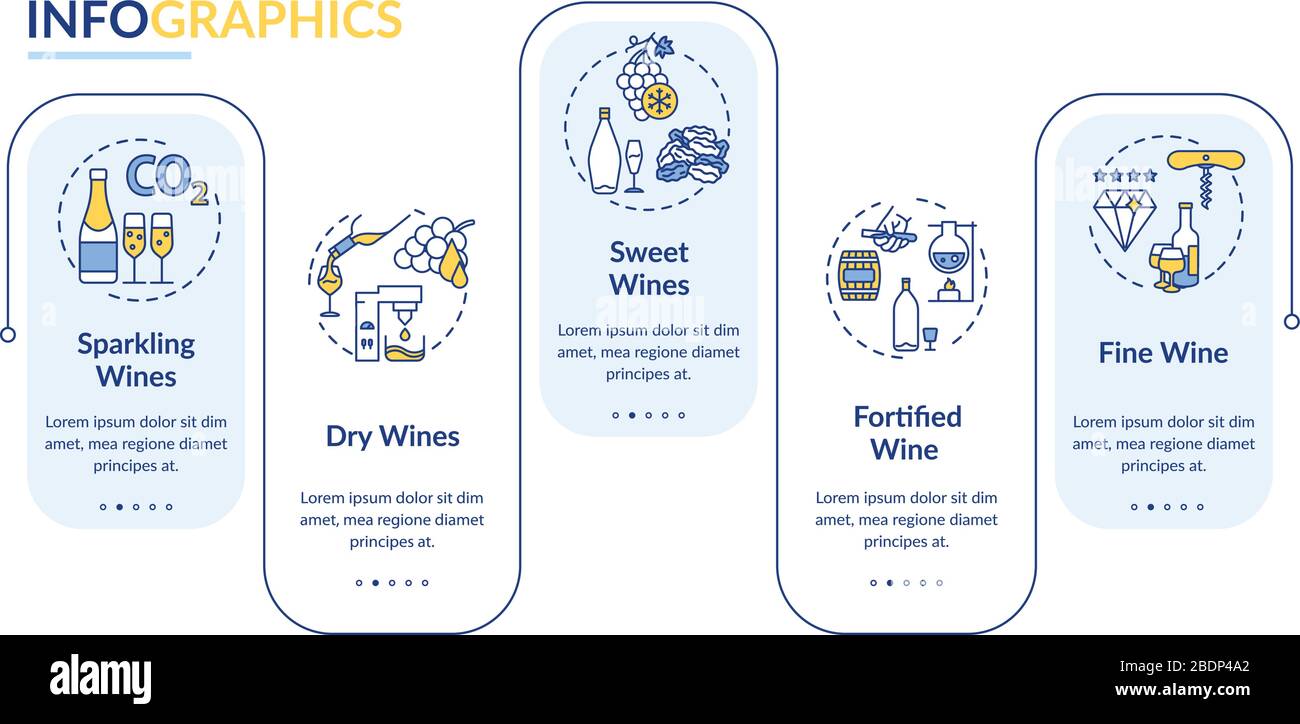 Modèle infographie vectoriel de dégustation de vins. Boissons alcoolisées pour éléments de présentation de fête. Visualisation des données en 5 étapes. Chronologie du processus Illustration de Vecteur