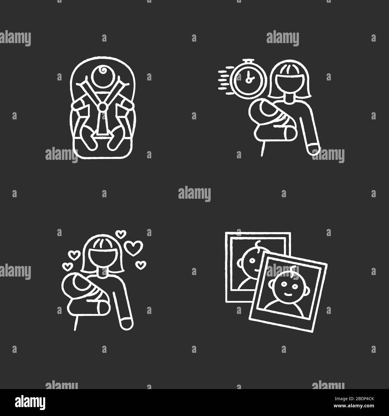 Service de baby-sitting icônes blanches sur fond noir. Transport des enfants. Baby-sitter d'urgence. Maman amour pour bébé. Rapport photo pour les parents Illustration de Vecteur