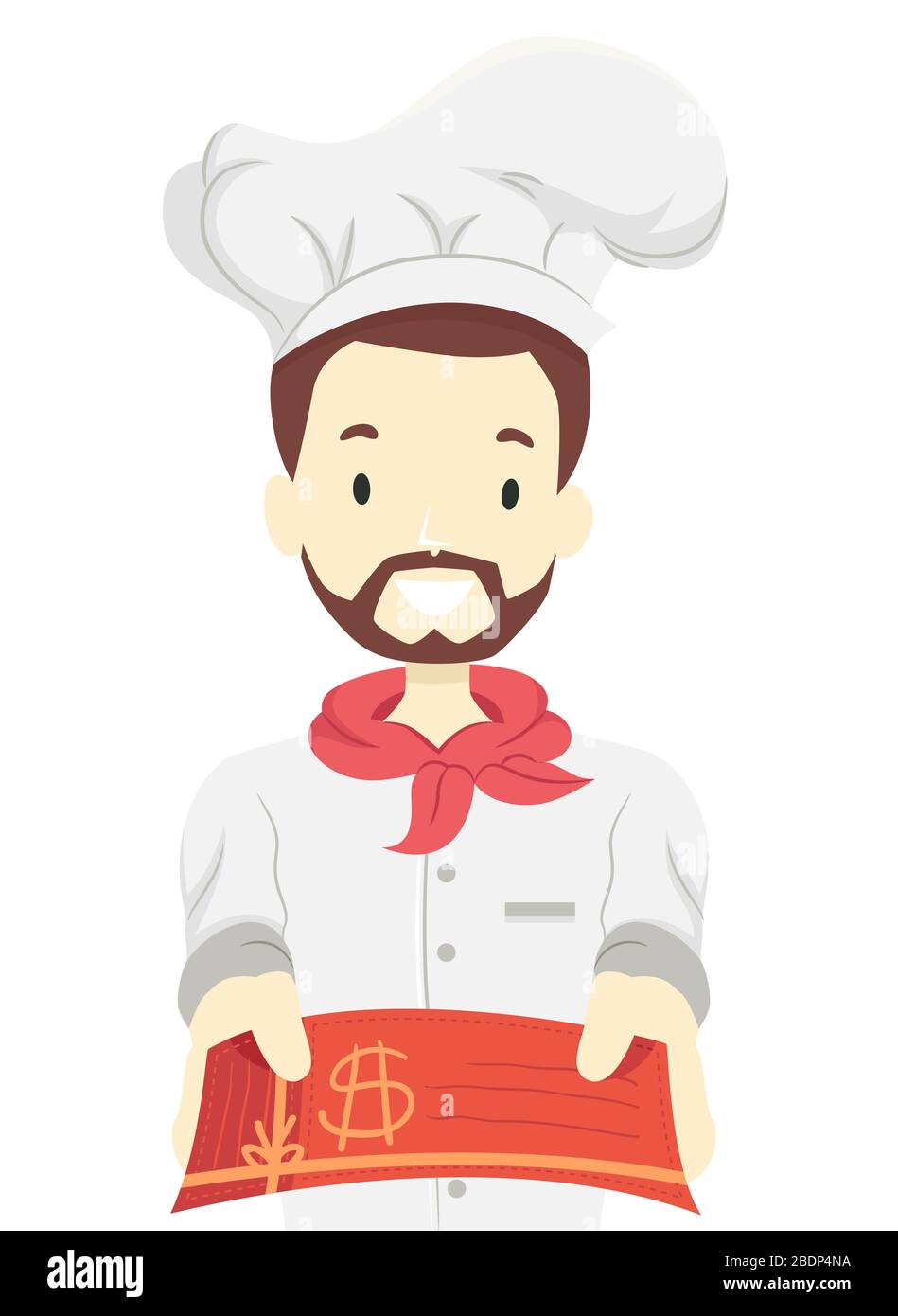 Illustration d'un homme portant un uniforme de chef et donnant une carte-cadeau pour son restaurant Banque D'Images