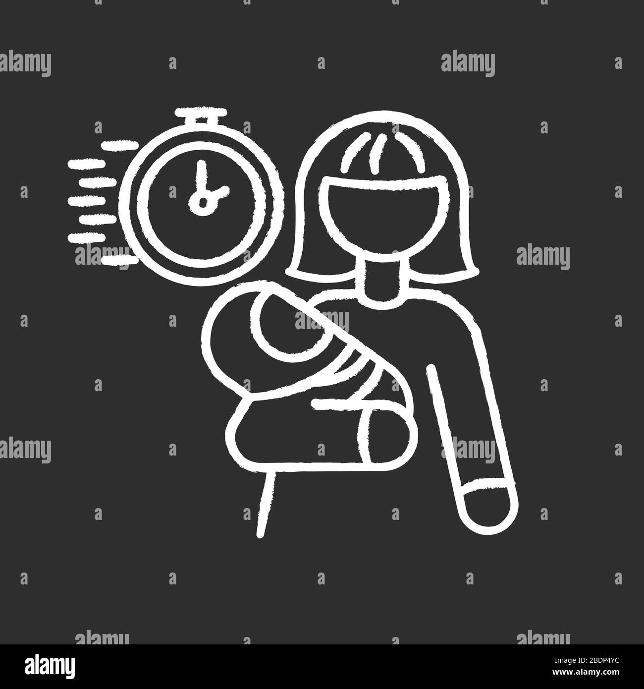 Icône blanche craie baby-sitter d'urgence sur fond noir. Travailleur du service de garde d'enfants. Aide urgente pour les soins de jour. Assistance rapide pour bébé. Femme avec Illustration de Vecteur