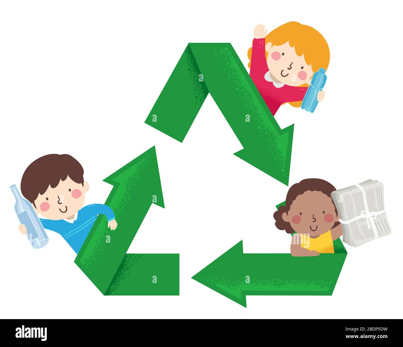 Illustration des enfants avec icône recyclage et matériaux de recyclage en verre, papier et plastique Banque D'Images