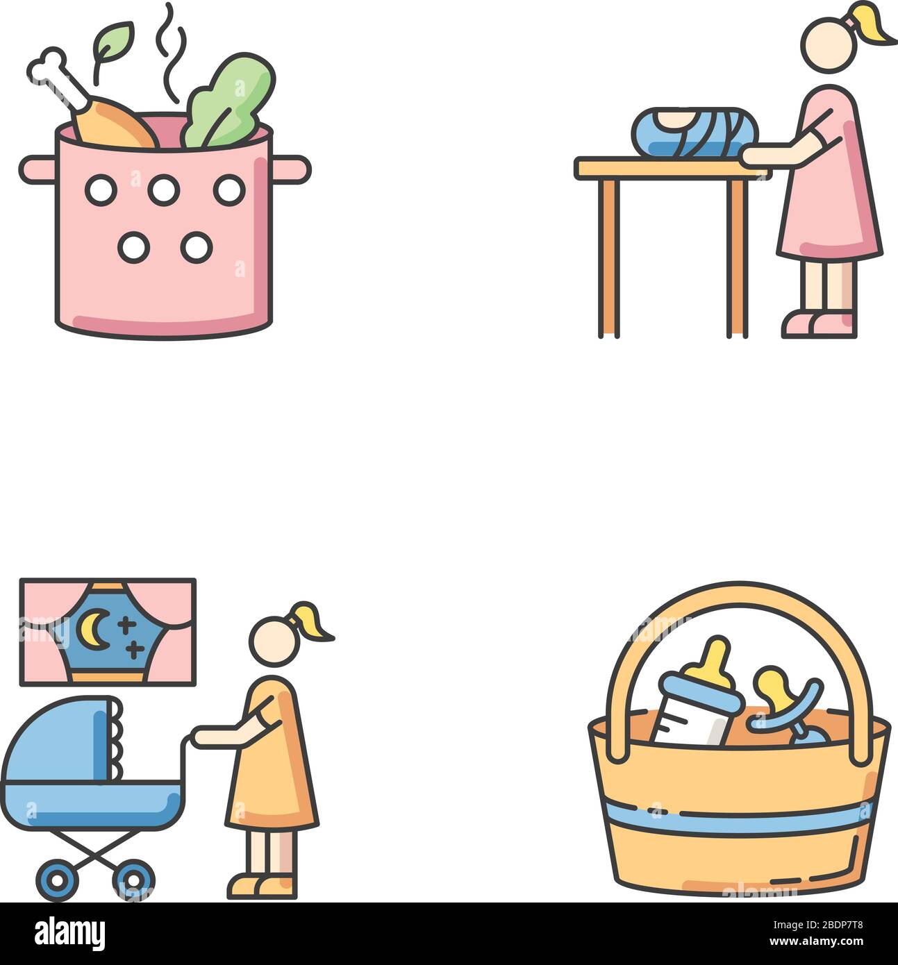 Service Baby Sitter Jeux D Icones De Couleur Rvb Cuisine La Soupe Aux Legumes Et A La Viande S Ebullition Dans Le Pot Femme Changeant De Couches De Bebe Nuit Nanny Garde D Enfants Image Vectorielle