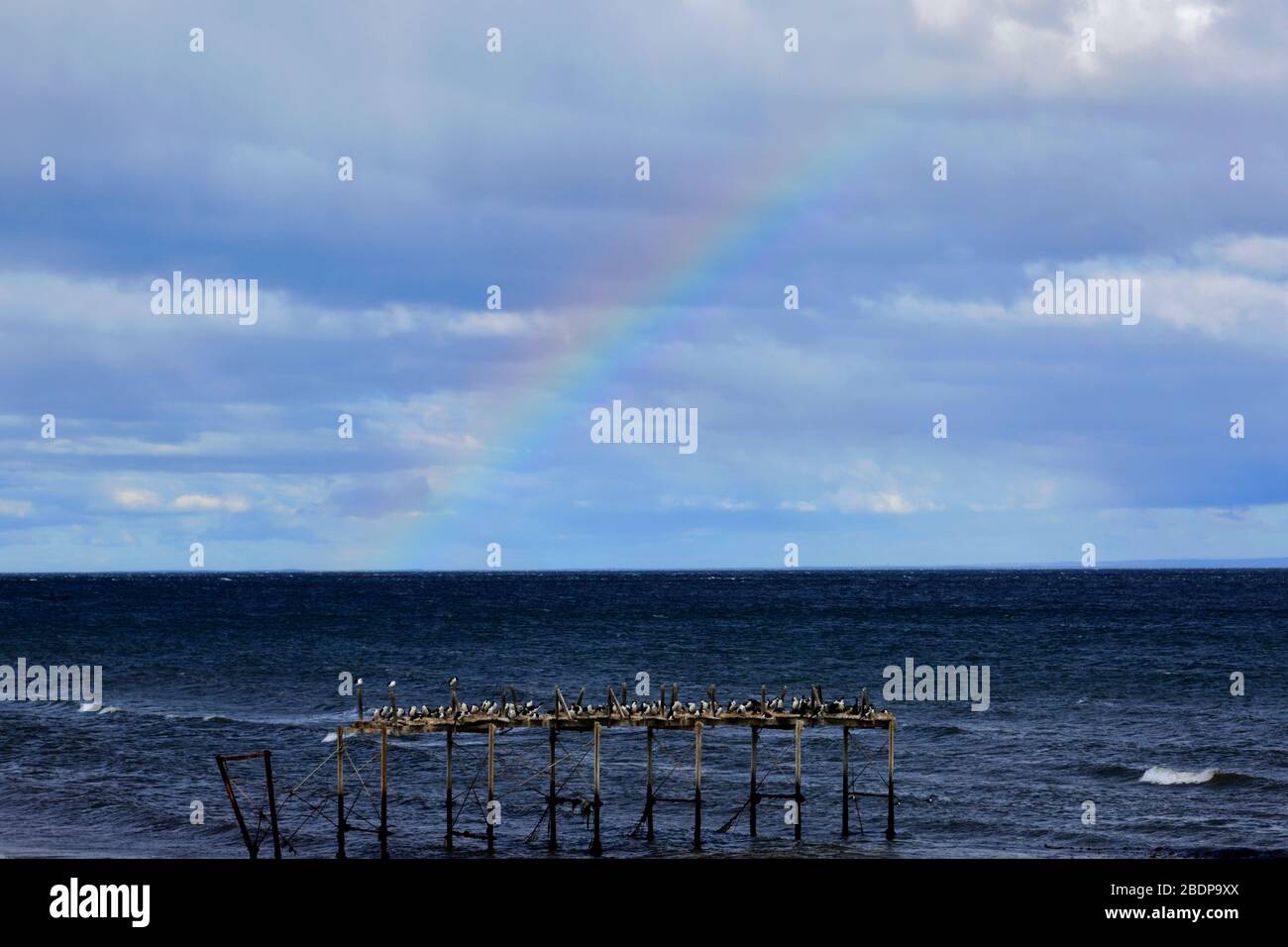 Rainbow au-dessus de la vieille jetée, Punta Arenas ville, Patagonia, Chili, Amérique du Sud Banque D'Images