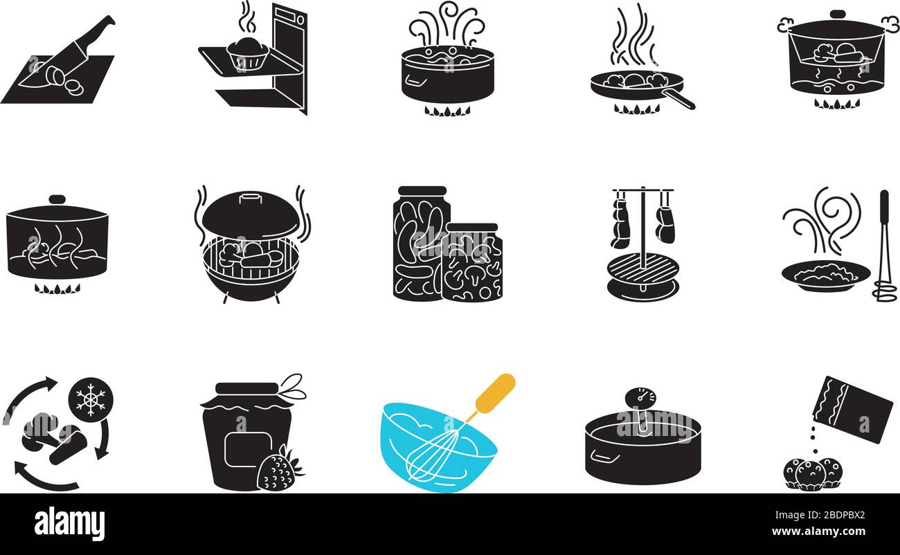 Les icônes de glyphe noir du processus de cuisson se définissent sur un espace blanc. Différentes méthodes de préparation des aliments, différentes techniques culinaires silhouette symboles. Ingrédients Illustration de Vecteur