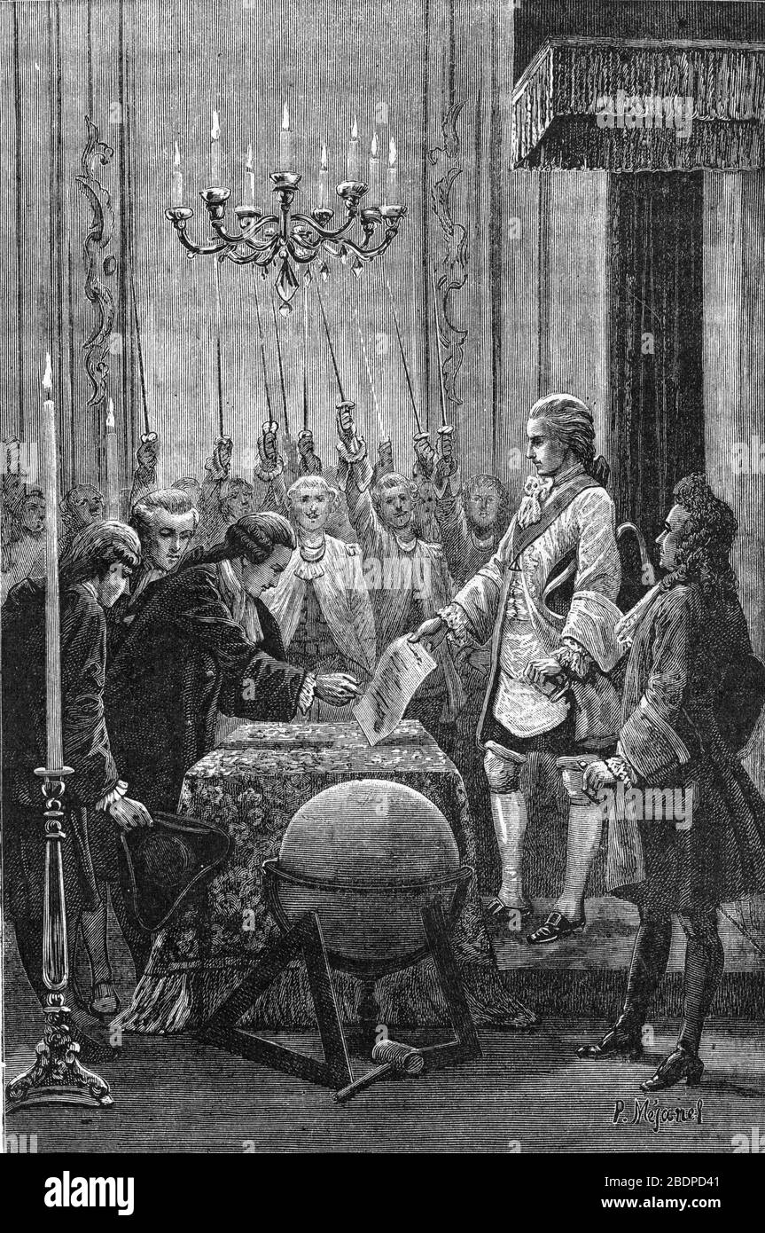 'Représentation de Charles-Edouard (Charles Edouard) Stuart, dit le Pretendant (1720-1788) ablant un chapître de Rose-Croix a Arras en 1747' (in Banque D'Images