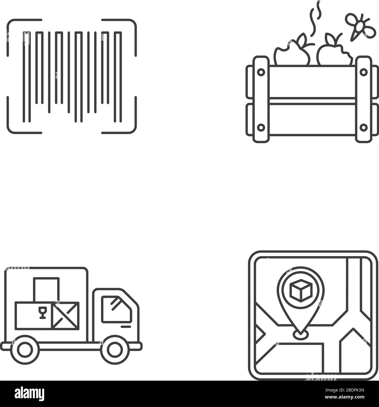Disponibilité des produits et contrôle qualité pixels icônes linéaires parfaites définies. Identification du code-barres du produit. Symboles de contour de ligne mince personnalisables Illustration de Vecteur
