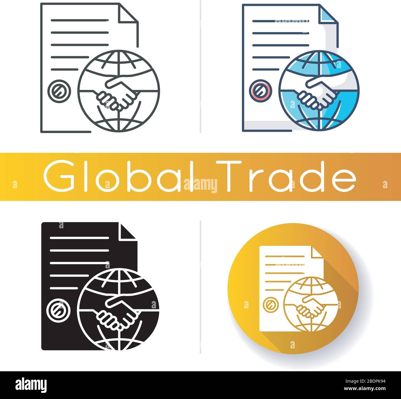 Icône de l'accord commercial international. Partenariat, travail d'équipe, coopération. Affaires, commerce, signature de contrat, faire des affaires. Couleur linéaire noir et RVB Illustration de Vecteur