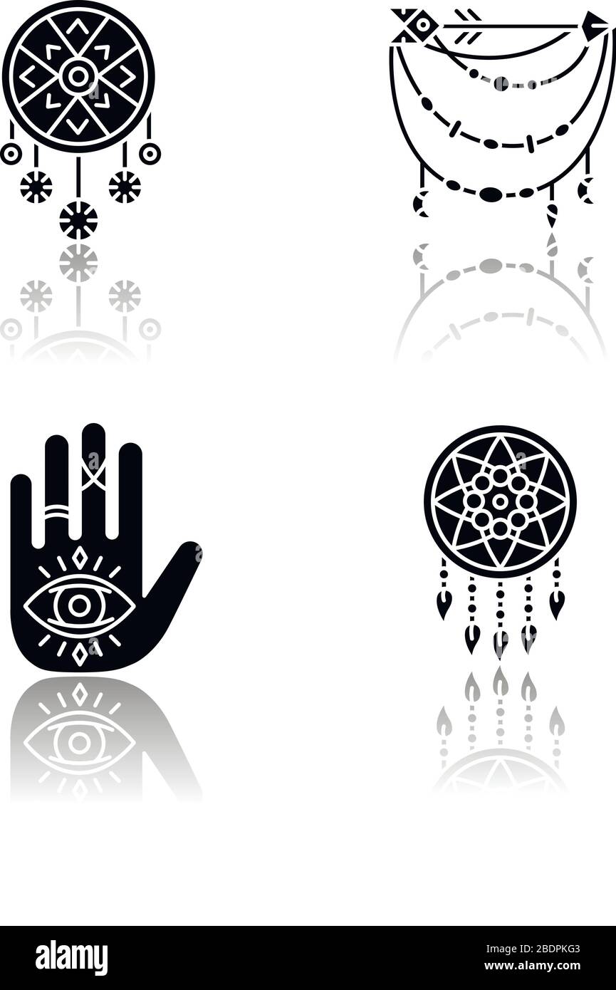 Accessoires dans un jeu d'icônes de glyphes noirs à ombre portée de boho. Palmtry, sorcellerie et amulettes ésotériques. Dreamcatcher, la main et tous les yeux de voir Illustration de Vecteur