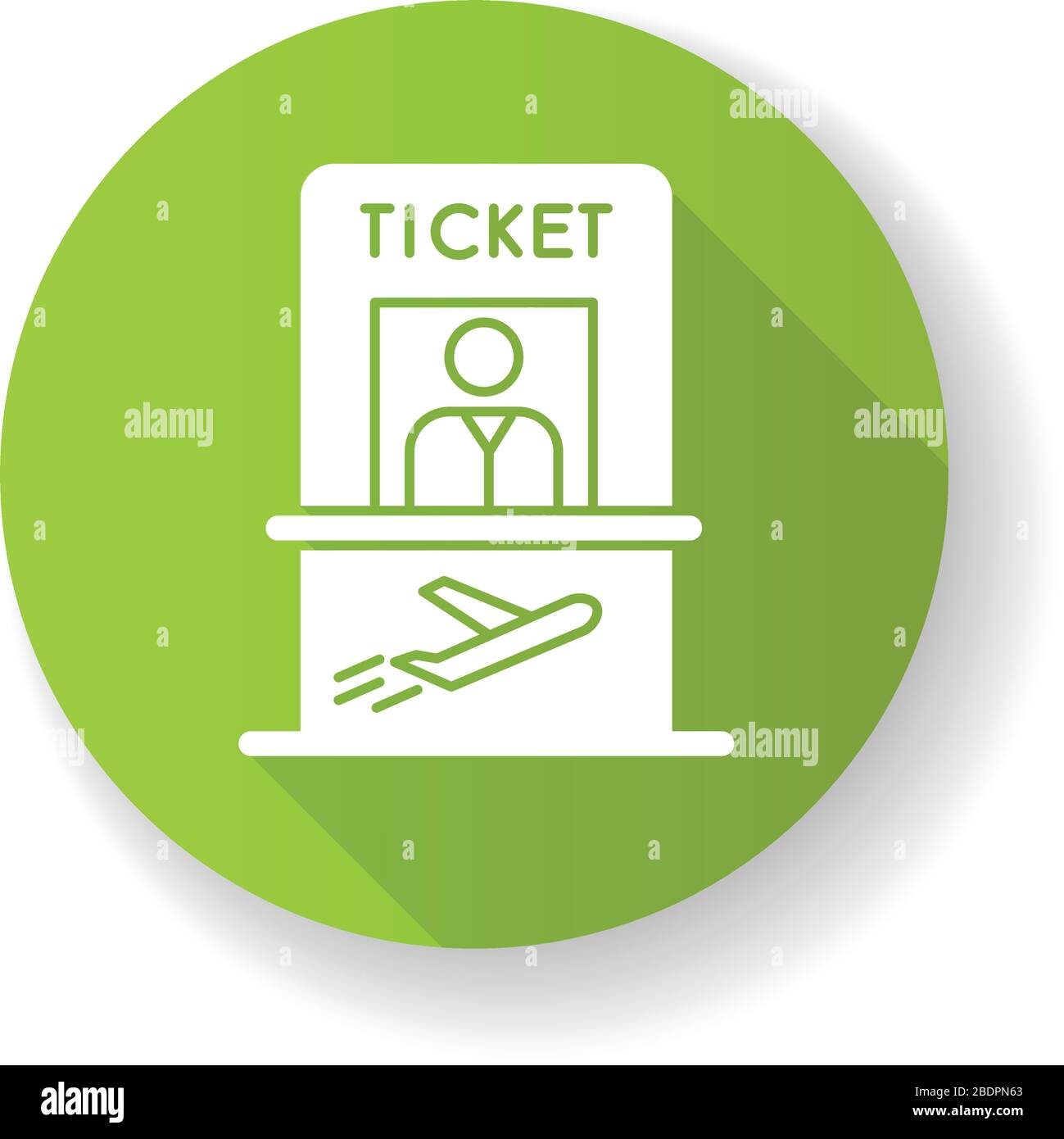 Comptoir de billets d'avion vert plate conception longue ombre glyphe icône. Obtenez la carte d'embarquement au comptoir d'inscription. Enregistrement pour le vol. Kiosque avec personnel Illustration de Vecteur