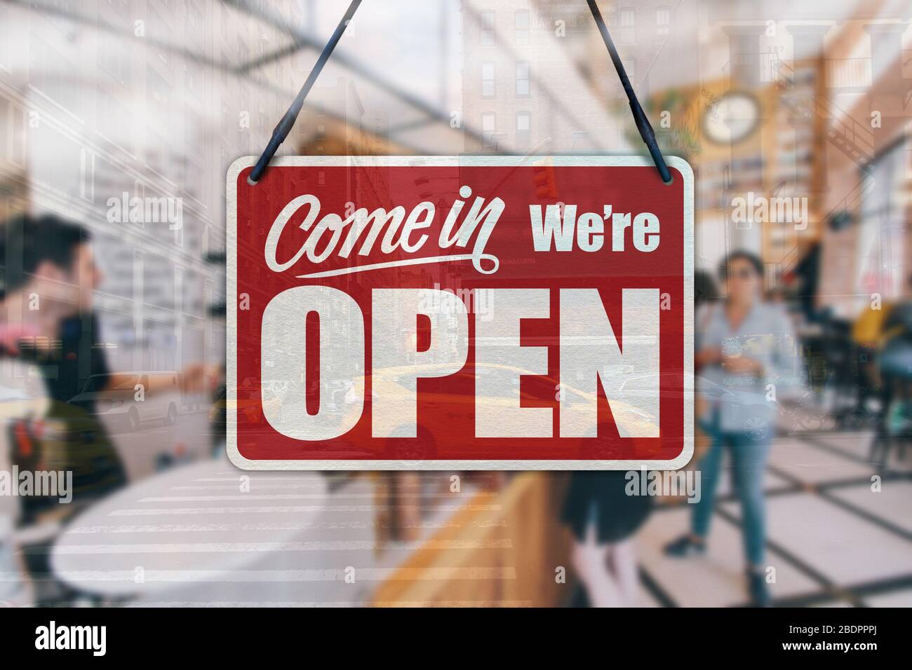 Un signe d'affaires qui dit « Come in we's Open » sur la fenêtre café / Restaurant. Banque D'Images Un signe d'affaires qui dit « Come in we's Open » sur la fenêtre café / Restaurant. Banque D'Images