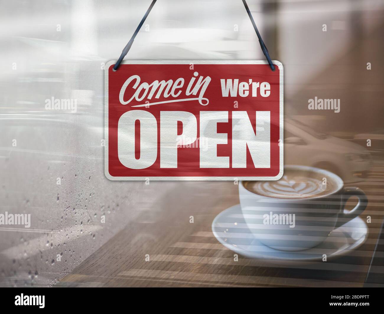 Un signe d'affaires qui dit « Come in we's Open » sur la fenêtre café / Restaurant. Banque D'Images Un signe d'affaires qui dit « Come in we's Open » sur la fenêtre café / Restaurant. Banque D'Images