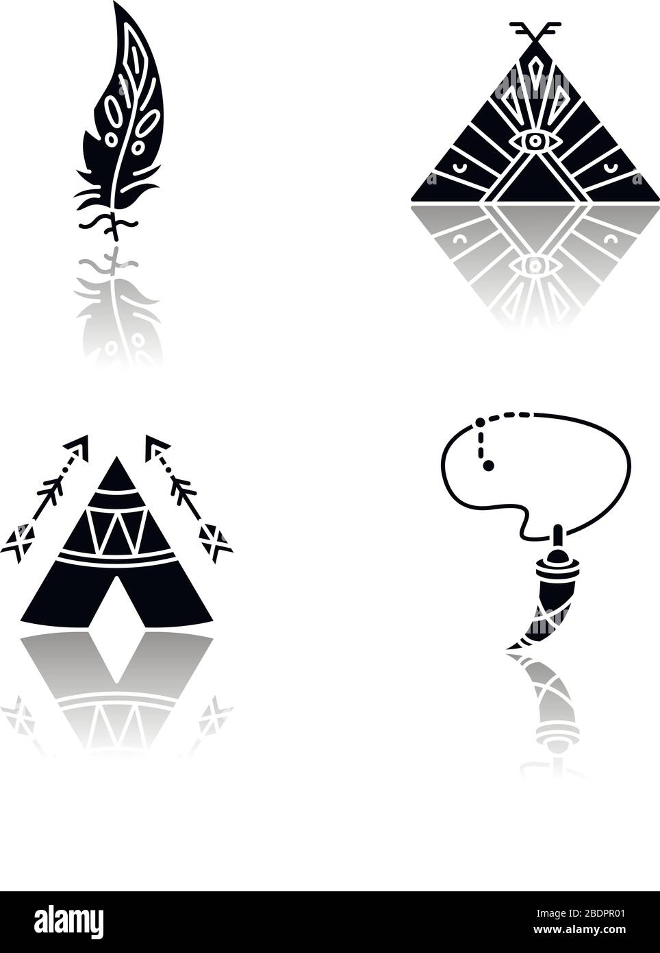 Les accessoires indiens natifs et les icônes de glyphe noir à ombre goutte sont définies. Collier avec dent, plume d'aigle. Wigwam avec flèches et ornements ethniques Illustration de Vecteur