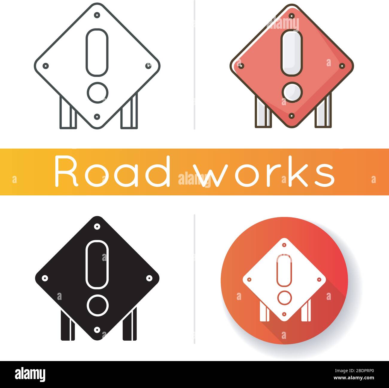 Icône représentant un panneau de signalisation. Avertissement relatif à la construction de travaux routiers. Avis de commande sur route. Point d'exclamation pour autoroute. Styles de couleur linéaire noir et RVB Illustration de Vecteur