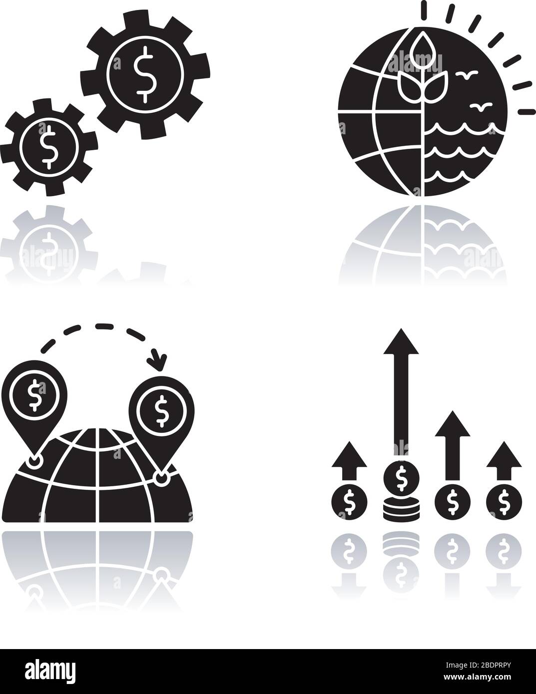 International business, le commerce mondial ombre ombre noir glyphe icônes ensemble. Actifs et ressources naturelles utilisation. Commerce, commerce mondial, avantage concurrentiel Illustration de Vecteur
