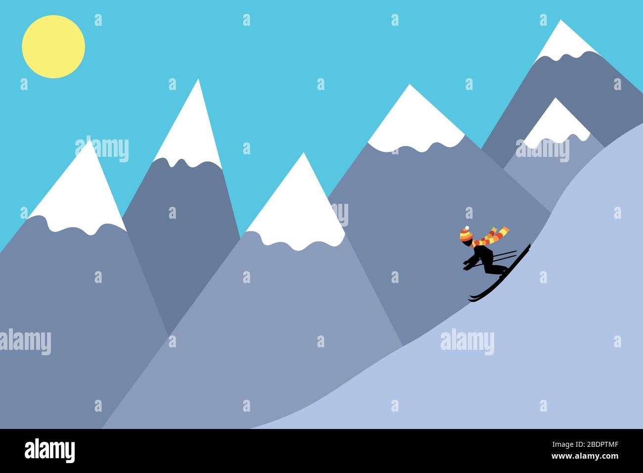 Station de ski. Un homme descend la montagne. Écharpe rayée. Silhouette noire. Art minimaliste plaisir d'hiver. Illustration de Vecteur