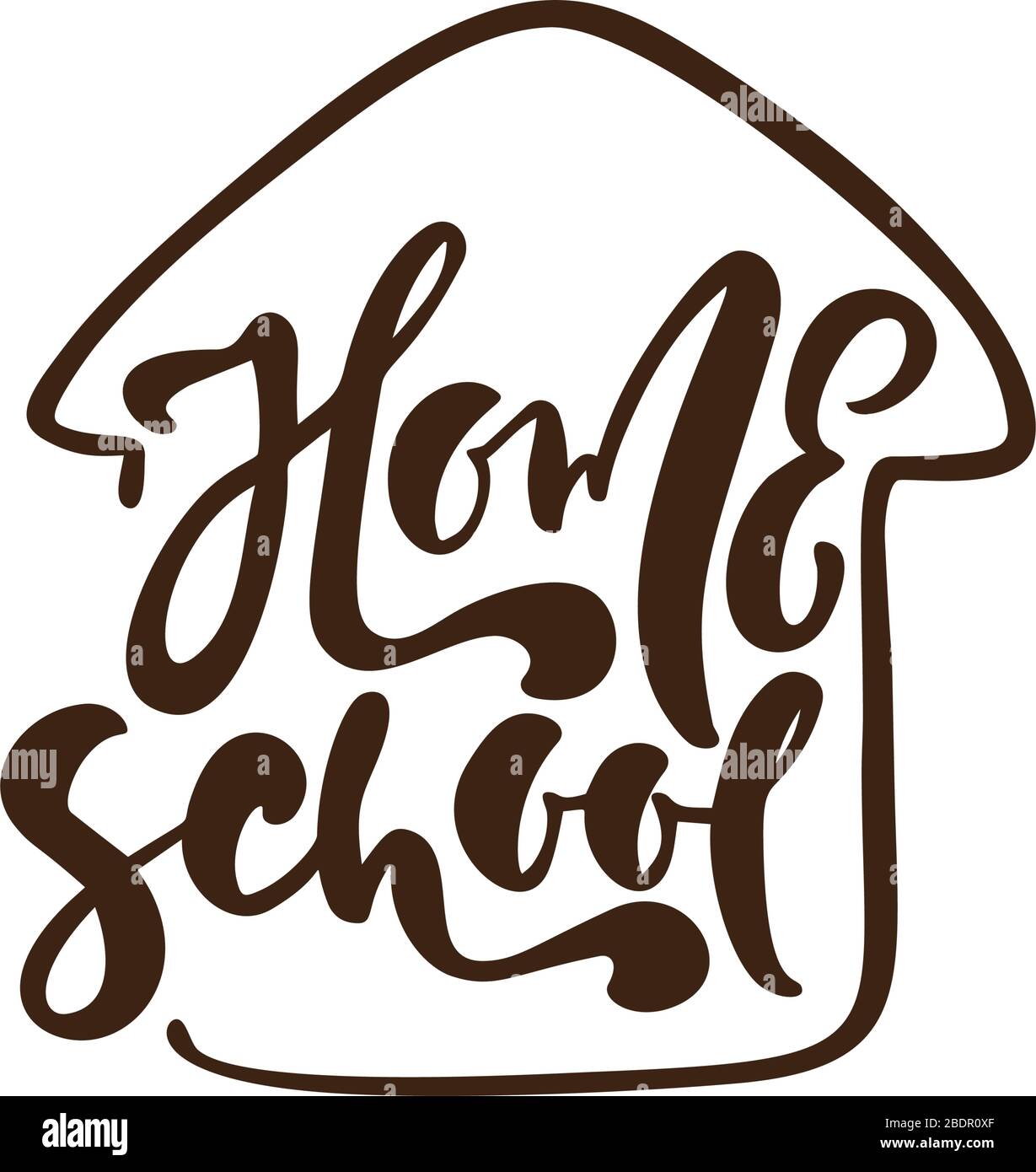 Concept du logo de la scolarité à domicile. Vector Home School calligraphie texte lettrage et icône de maison. Pour étudier à la maison en ligne. Emblème d'illustration de Illustration de Vecteur
