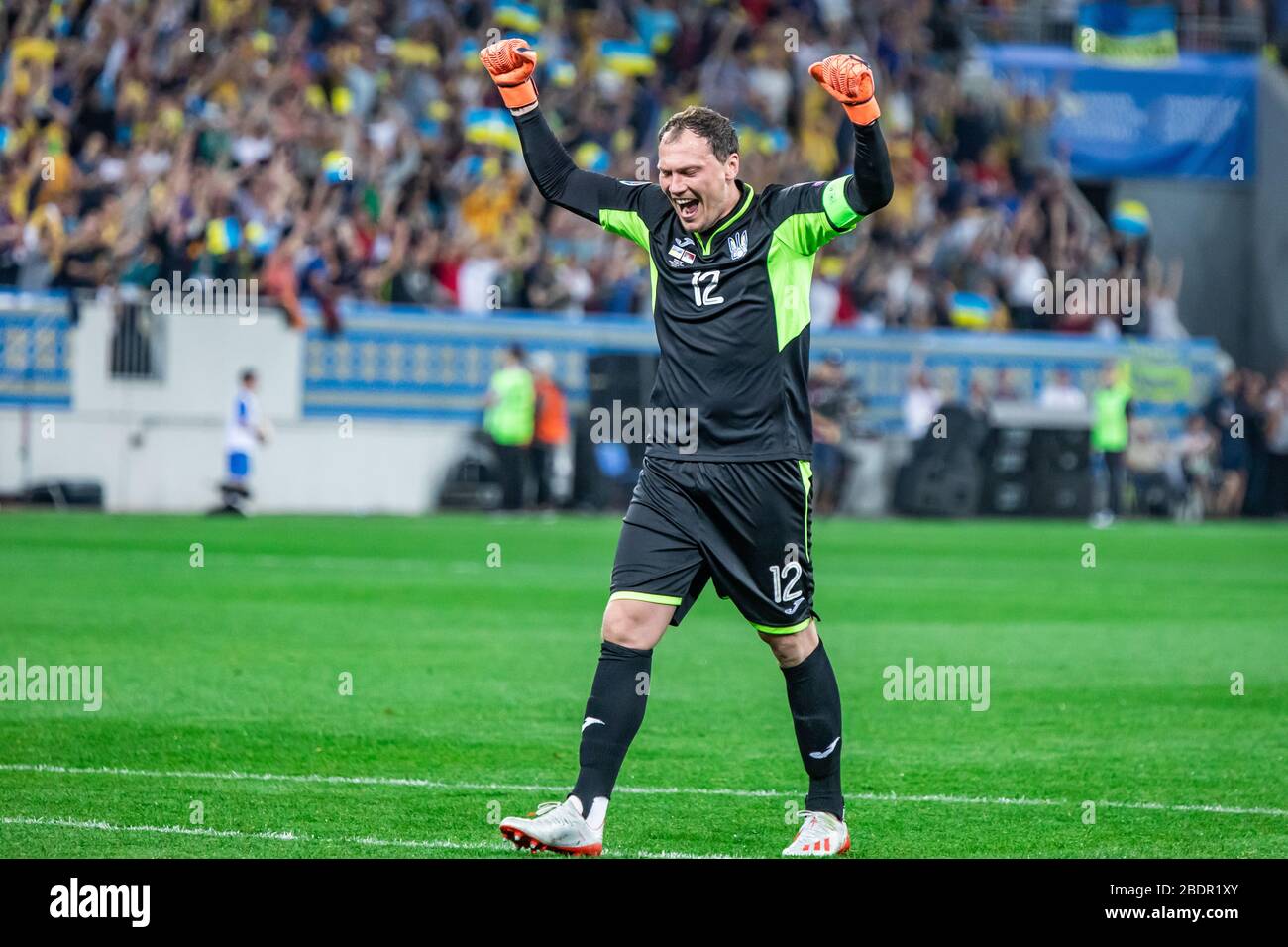 Andriy Pyatov, de l'Ukraine, célèbre lors du match des qualificateurs EURO 2020 de l'UEFA (groupe B) entre l'Ukraine et la Serbie à Arena Lviv. (Note finale: Ukraine 5:0 Serbie) Banque D'Images