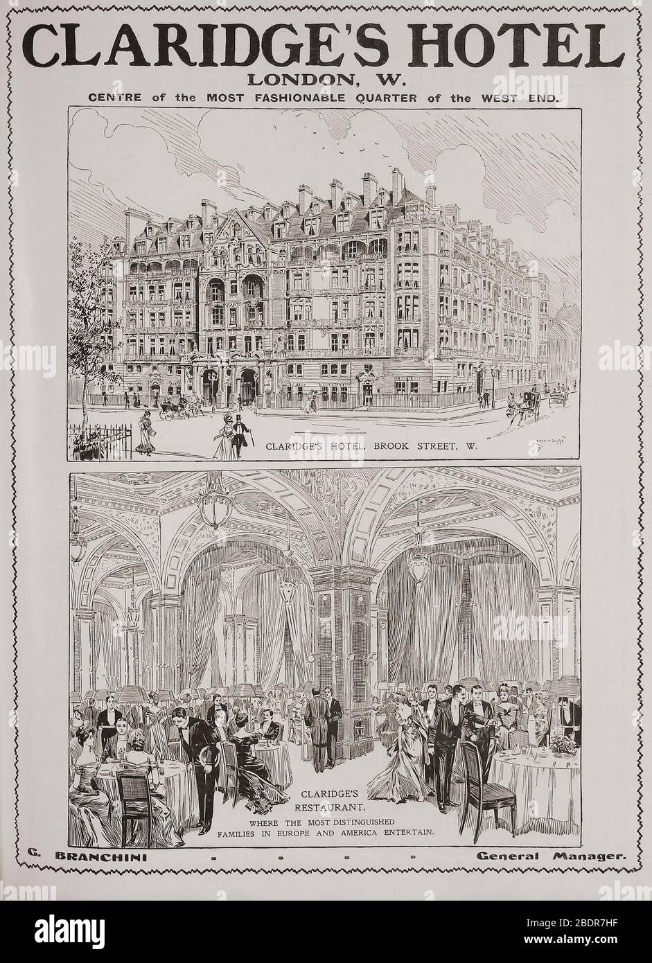 Une annonce pour Claridge’s Hotel and Restaurant, Londres, dans l’édition de mai 1907 du Graphic, un journal illustré hebdomadaire, publié à Londres de 1869 à 1932. Banque D'Images