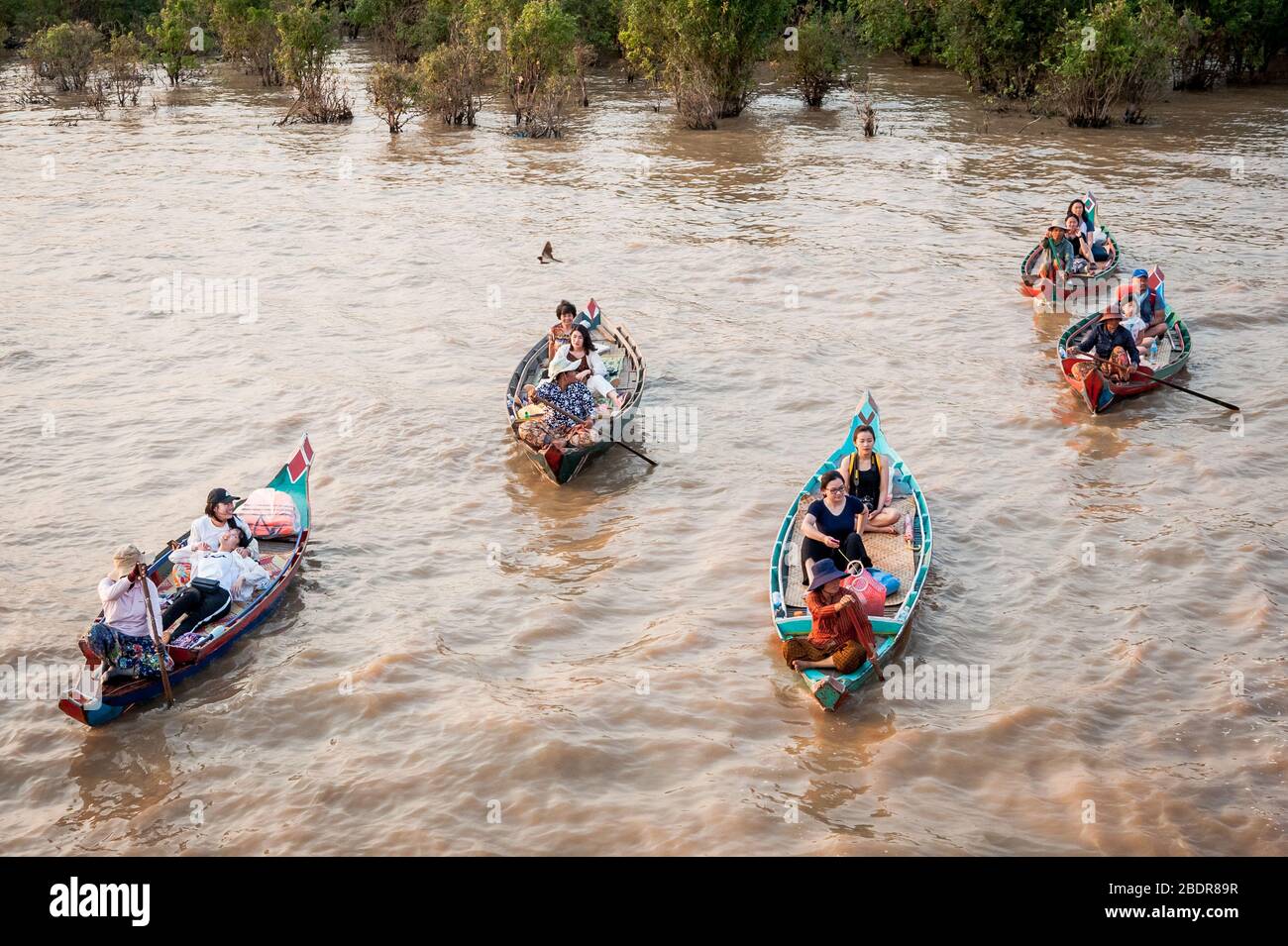 Les femmes locales invitent les touristes à profiter d'une promenade en bateau à travers les marais et les rivières de la jungle à la limite du lac Tonle SAP, Kampong Phluk, Cambodge. Banque D'Images