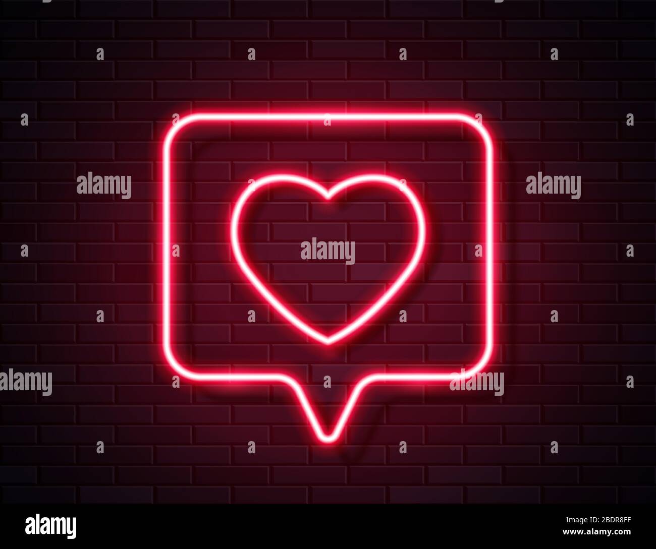 Coeur brillant rouge néon dans Spech Bubble Banner sur fond sombre vide Grunge Brick. Illustration de Vecteur