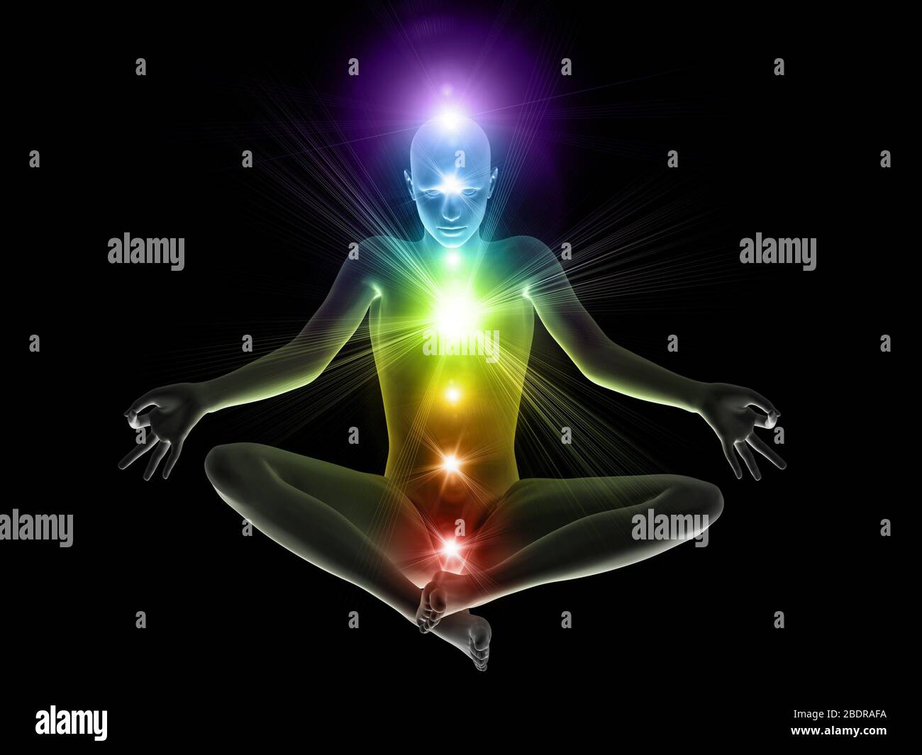 Représentation numérique de l'homme maneken en position de yoga avec fond de chakras brillant. Banque D'Images