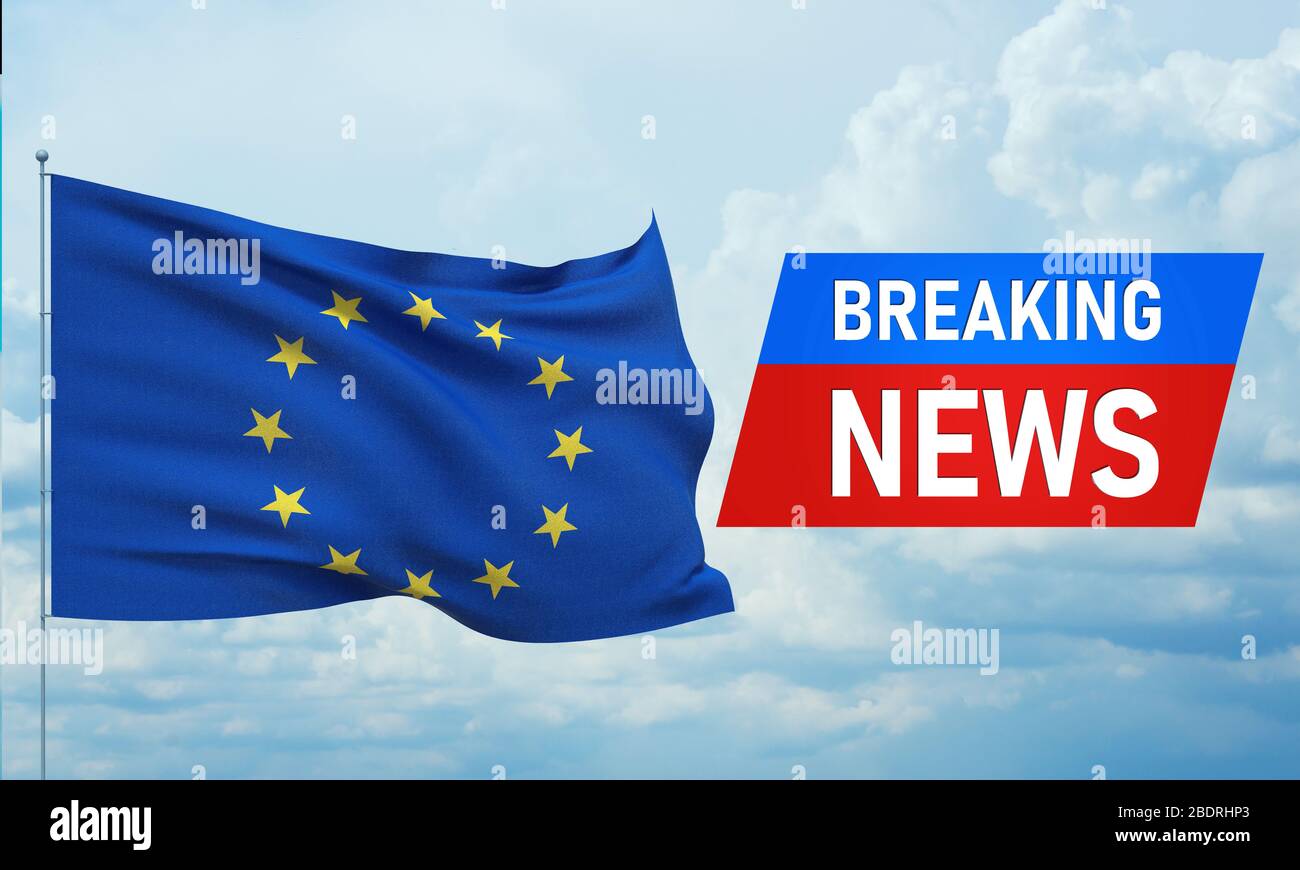 Dernières nouvelles. L'actualité mondiale avec Backgorund qui agise le drapeau officiel de l'UE. Drapeau de l'Union européenne. Illustration tridimensionnelle. Banque D'Images
