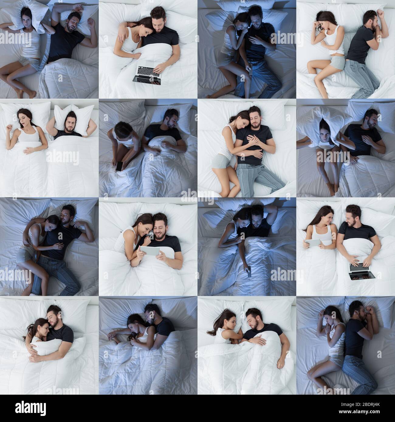 Couple dans le style de vie de la chambre, ils dorment, se connectant en ligne avec un ordinateur portable et regarder la télévision, ensemble mosaïque d'image Banque D'Images