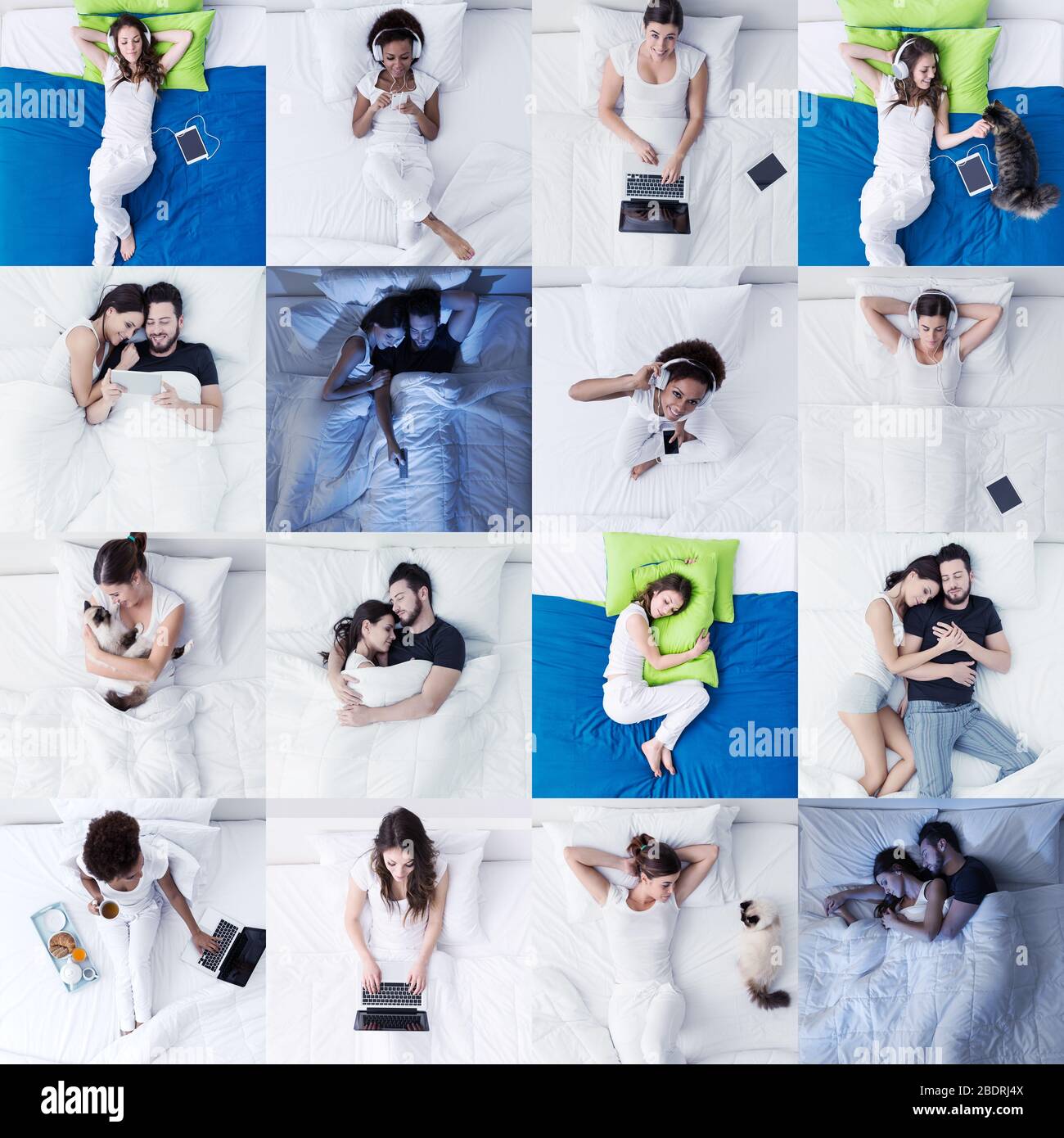 Les gens et le style de vie de la chambre: Les gens qui se trouvent dans le lit, dormir, se connecter et se détendre, images mosaïque ensemble Banque D'Images