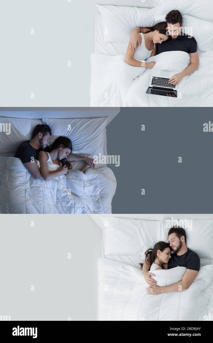 Couple amoureux dormant et se connectant à un ordinateur portable dans la chambre, concept de style de vie, bannière avec espace de copie Banque D'Images