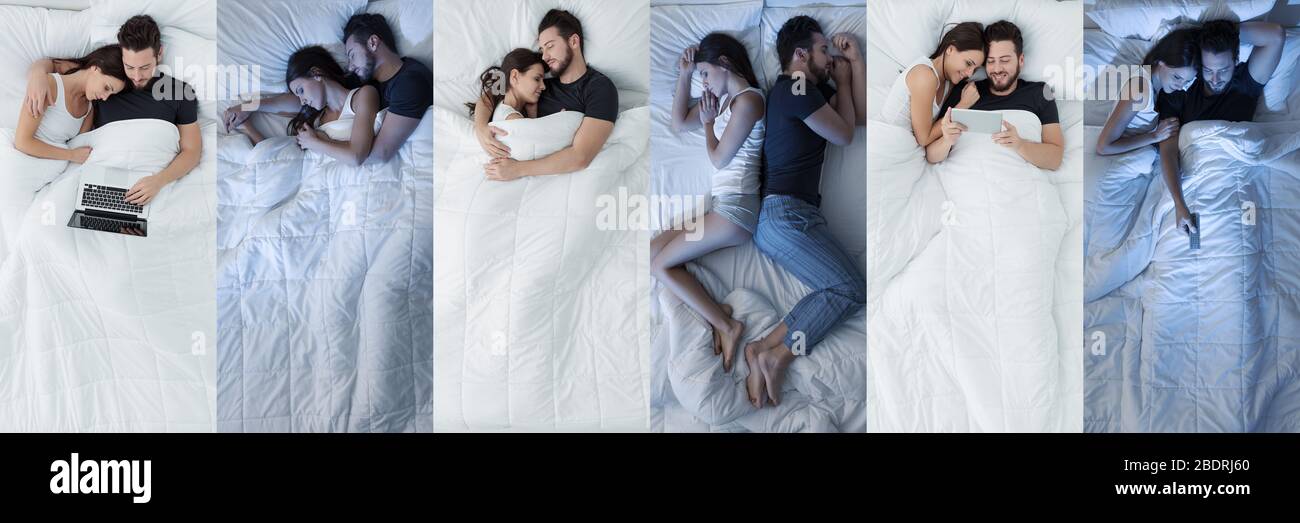 Jeune couple amoureux dans la chambre, ils dorment, embrassant, se connectant à un ordinateur portable et regarder la télévision, concept de style de vie, ensemble d'images Banque D'Images