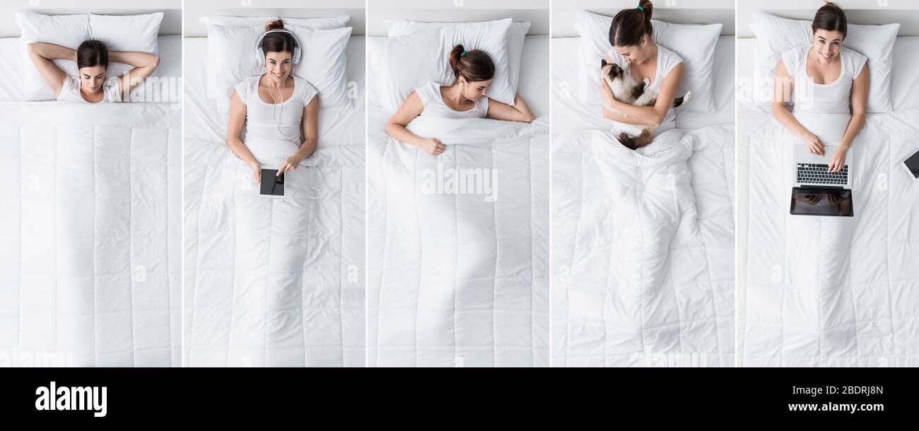 Belle jeune femme dormant, reliant et câlinant son chat dans le lit, vue du dessus: Style de vie de chambre collage photo Banque D'Images