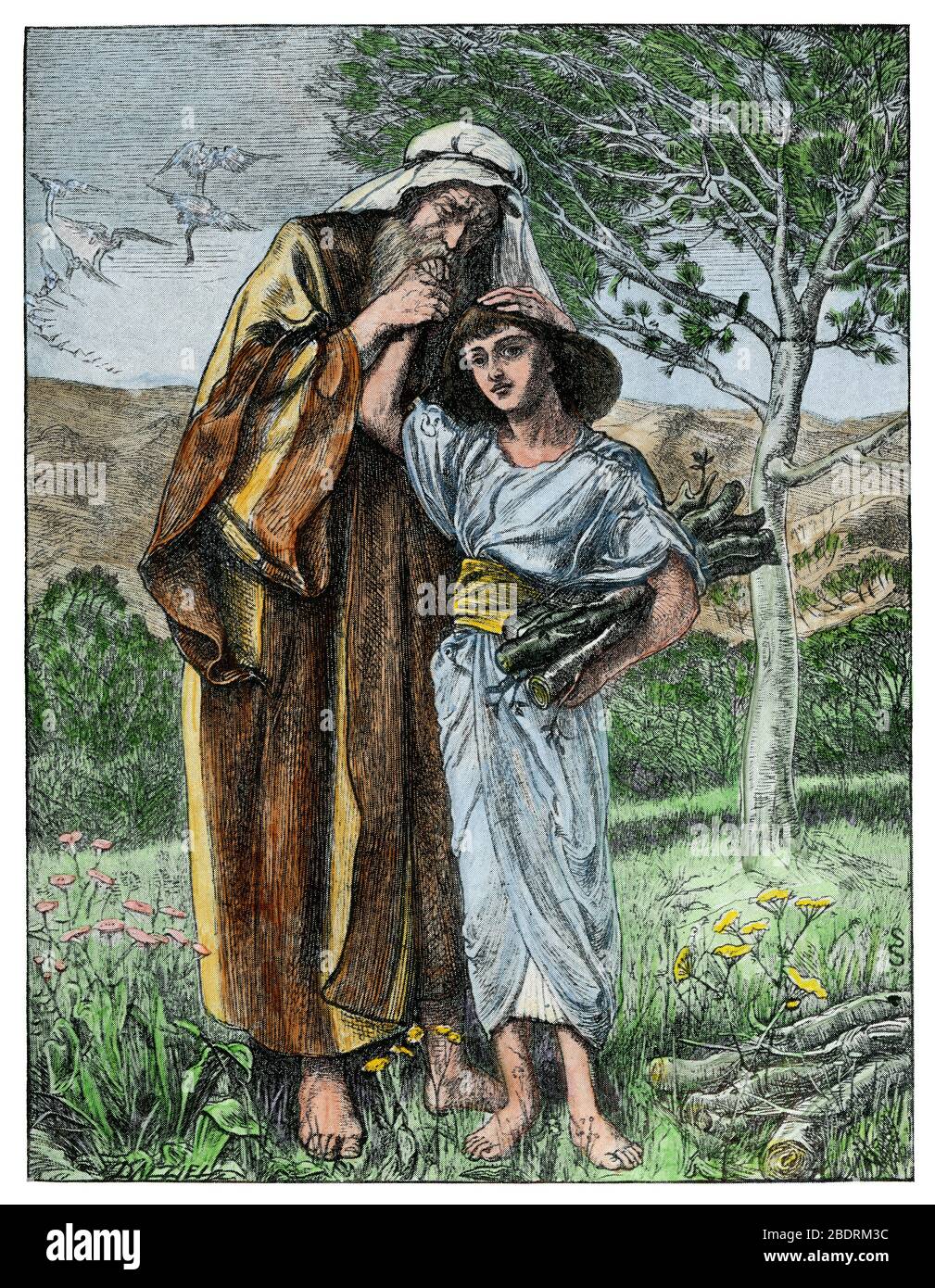 Abraham et son fils Isaac. Demi-teinte de couleur manuelle d'une illustration Banque D'Images